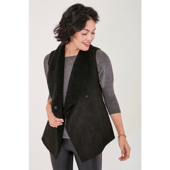 Stella & Dot Chalet Vest 2X Faux Fur Faux Suede Snap Button Vneck Collar Button - Picture 2 of 10